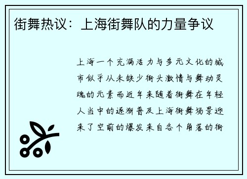 街舞热议：上海街舞队的力量争议